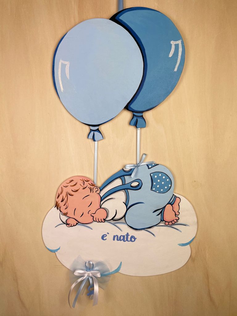 Fiocco nascita “Doppio palloncino con bimbo che dorme” azzurro - Coccole e  colori
