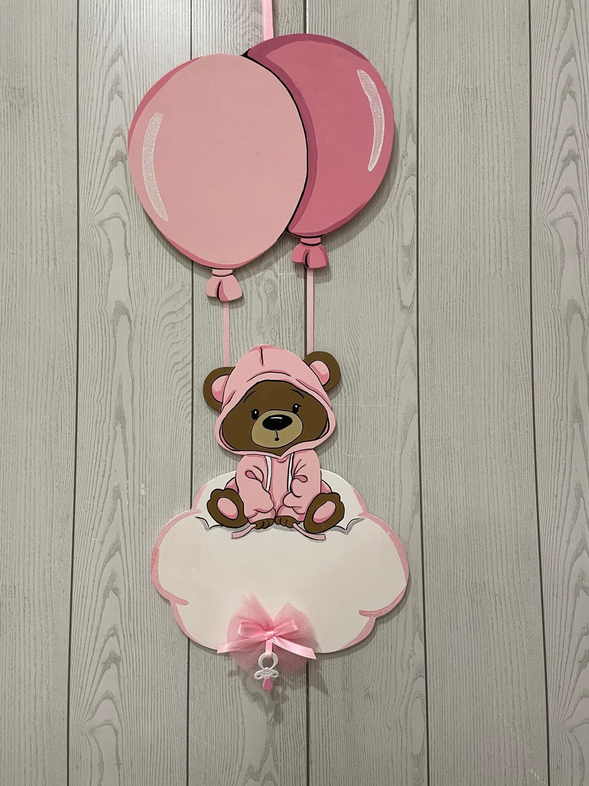 Fiocco nascita in legno “Palloncini con orso felpa" rosa