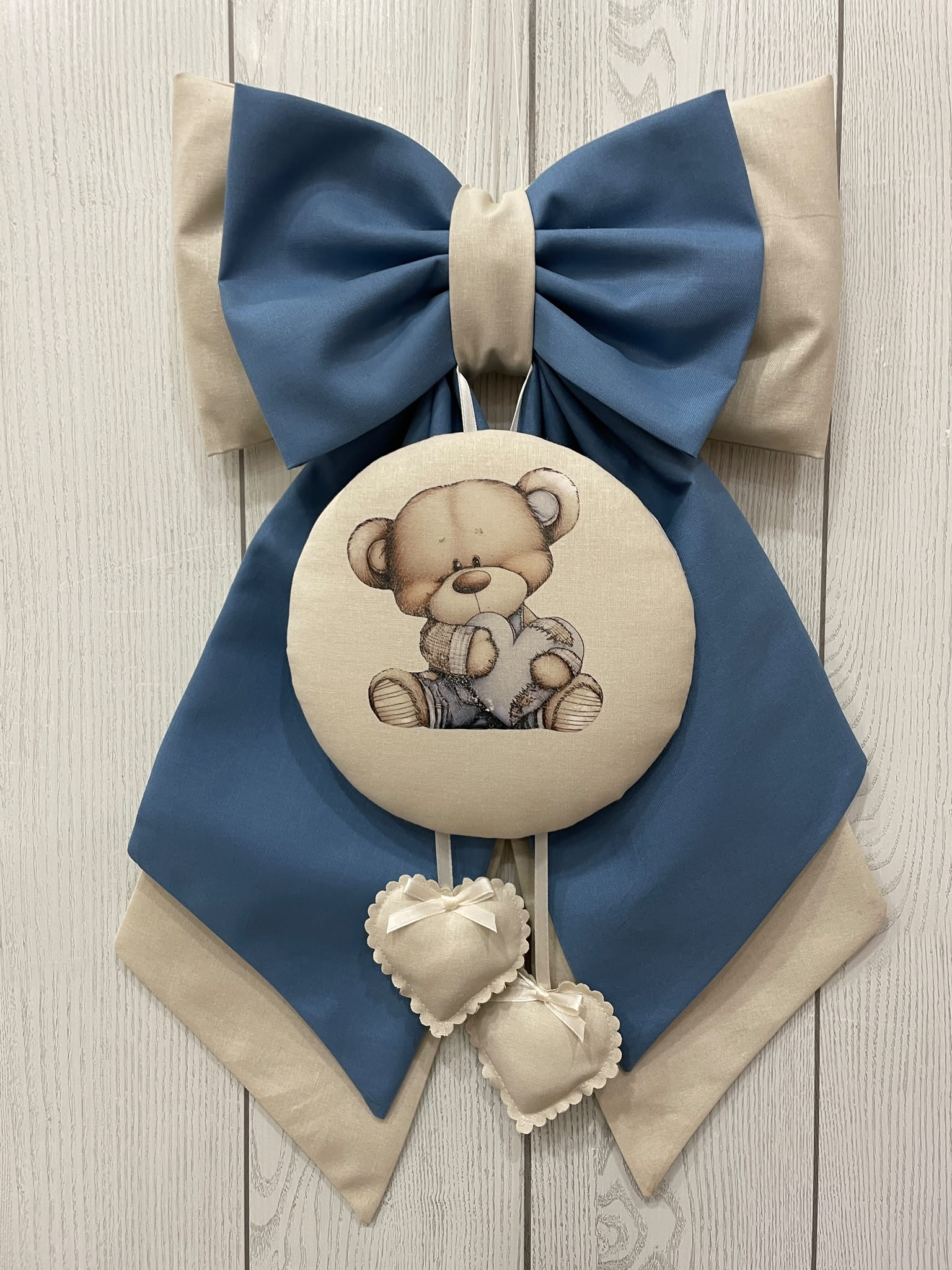 Fiocco nascita a papillon doppio "Orsetto stampato" avio/beige